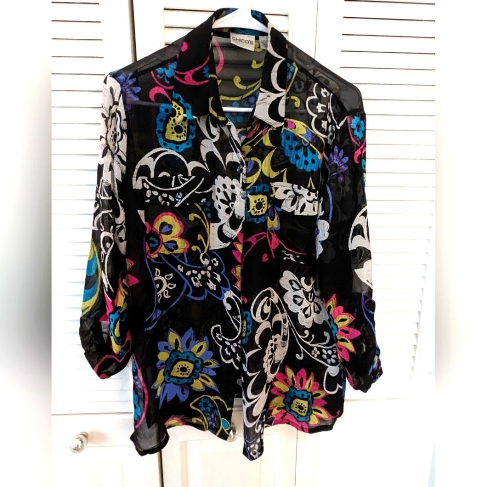 Chico's Top Womens sz S (0) Silk Multi Floral Colorful Blouse Wearable Art Sheer